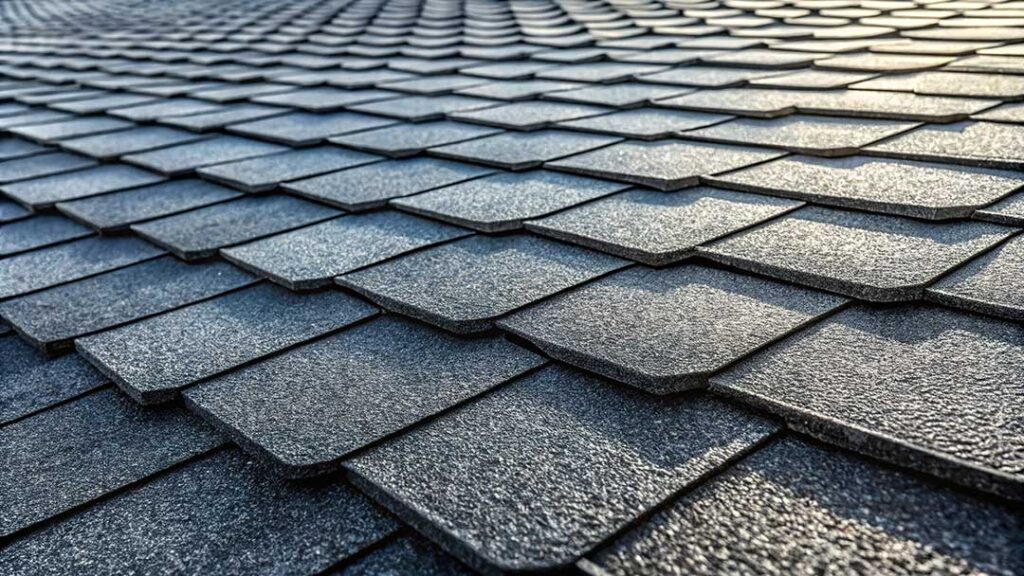 Roofing workers examine a modern roof with reflective shingles, solar sections, and digital inspection equipment.
