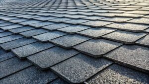 Roofing workers examine a modern roof with reflective shingles, solar sections, and digital inspection equipment.