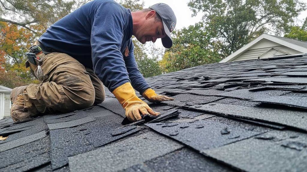 Person using a fiberglass ladder to attach outdoor lights along a gutter on a dry residential roofline