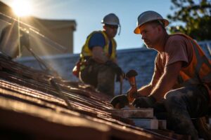A homeowner checks gutters and roof edges from the ground beside a leaf-covered house.